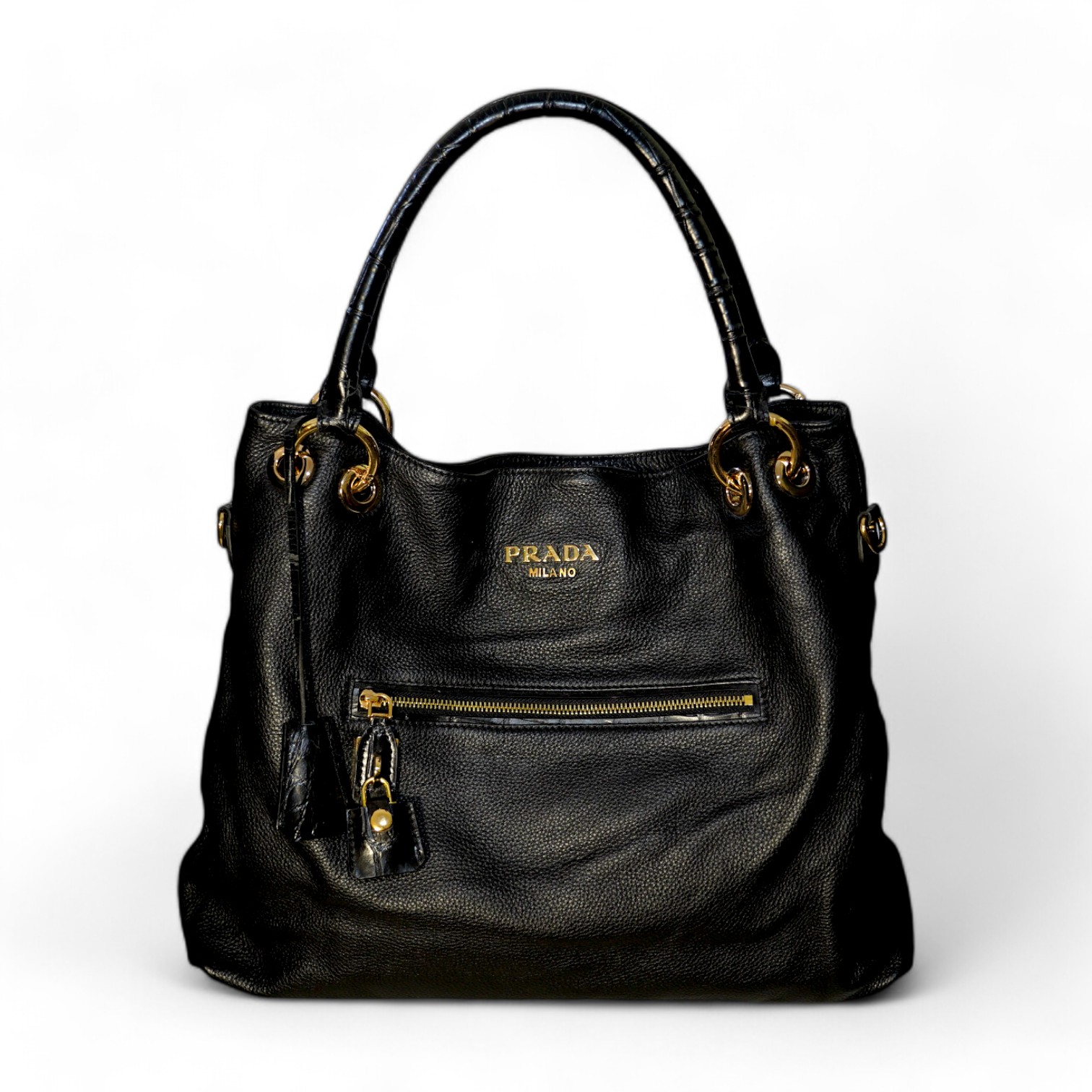 A black leather Prada handbag